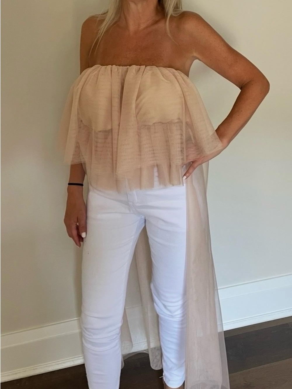 Sheer Strapless Nude Tulle Overlay Top